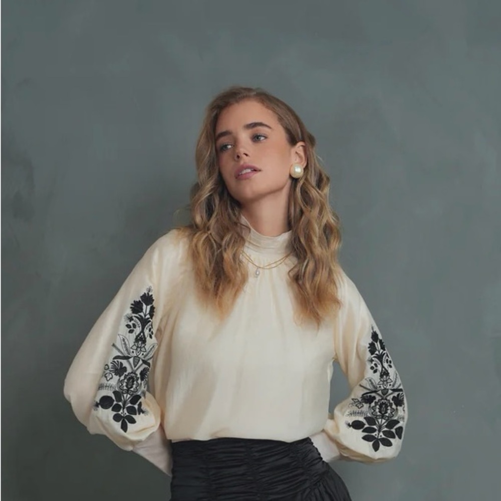 Cream Balloon Sleeve Blouse with Black Floral Embroidery XS